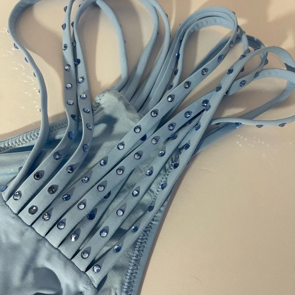 Skims Rhinestone swim strappy Iris blue bikini bottom